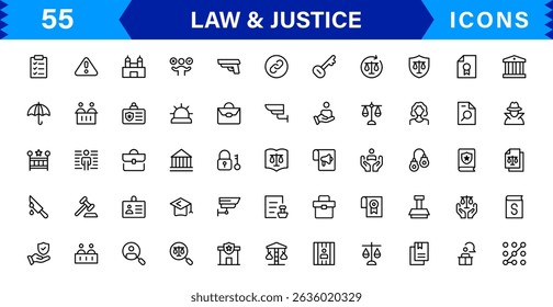 Law and Justice Icon Set Featuring Court, Lawyer, Gavel, Justice Scale, and Legal Concepts in a Clean, Professional Vector Style for Stock Use