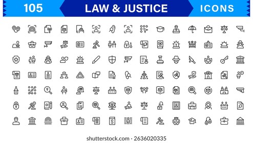 Law and Justice Icon Set Featuring Court, Lawyer, Gavel, Justice Scale, and Legal Concepts in a Clean, Professional Vector Style for Stock Use