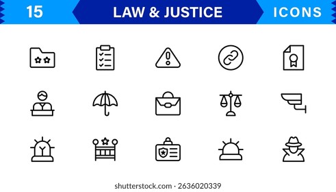 Law and Justice Icon Set Featuring Court, Lawyer, Gavel, Justice Scale, and Legal Concepts in a Clean, Professional Vector Style for Stock Use