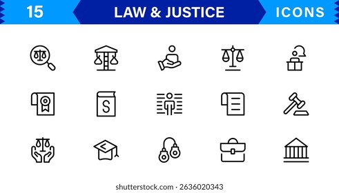 Law and Justice Icon Set Featuring Court, Lawyer, Gavel, Justice Scale, and Legal Concepts in a Clean, Professional Vector Style for Stock Use