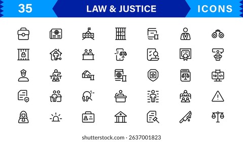 Law and Justice Icon Set Featuring Court, Lawyer, Gavel, Justice Scale, and Legal Concepts in a Clean, Professional Vector Style for Stock Use