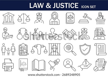 Law and Justice icon set featuring courthouse, scales, judge, lawyer, police, legal documents, gavel, and justice symbols. Perfect for legal, law firm, and court-related design projects.