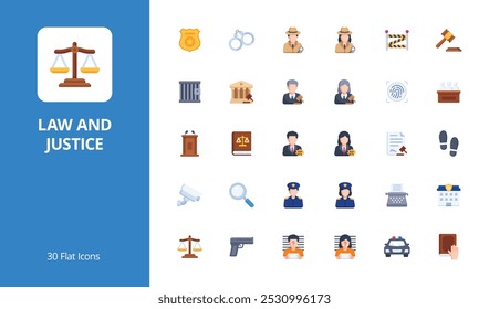 Law and Justice Icon Set with flat style. Perfect for UI, infographics, or social media content related to law, justice, court, crime, or security.