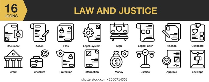 Conjunto de ícones Lei e Justiça. Inclui justiça, advogado, direito, tribunal, juiz, jurídico e muito mais. Contornar coleção de vetores de ícones.