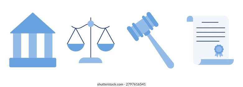 Law and Justice Icon Set, Light Blue Courthouse Scales Gavel and Legal Document Certificate
