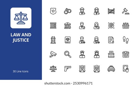 Law and Justice Icon Set with line style. Perfect for UI, infographics, or social media content related to law, justice, court, crime, or security.