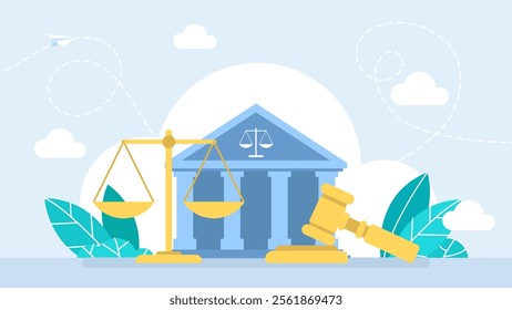 Law and justice icon set. Scales of justice, courthouse and judge's gavel. Supreme court, legal system, justice concept with courthouse, scales, and gavel. Vector illustration.