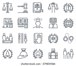 Law and justice icon set suitable for info graphics, websites and print media. Black and white flat line signs.