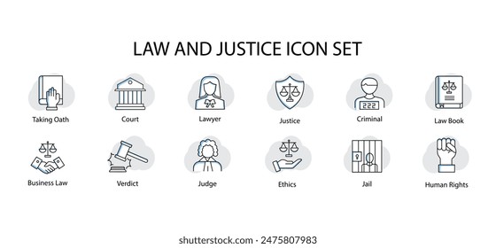 Law and Justice Icon Set Taking Oath, Court, Lawyer, Justice, Criminal, Law Book, Jail, Human Rights, Business Law, Verdict, Judge, Ethics.