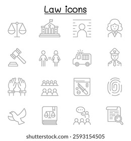 Law and Justice icon set in thin line style