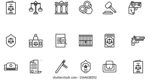 Law and justice icon set vector illustration, contain such as gun, prison, teaser gun, case, law book, handcuff and more. Content can be use for any purpose such as web or smartphone