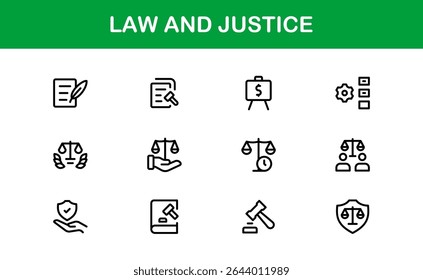 Law and Justice Icon Set in Vector Style Featuring Legal Symbols, Courtroom Elements, and Attorney Tools