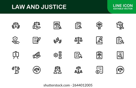 Law and Justice Icon Set in Vector Style Featuring Legal Symbols, Courtroom Elements, and Attorney Tools