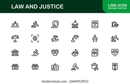 Law and Justice Icon Set in Vector Style Featuring Legal Symbols, Courtroom Elements, and Attorney Tools
