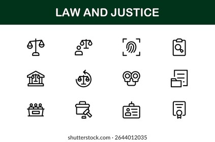 Law and Justice Icon Set in Vector Style Featuring Legal Symbols, Courtroom Elements, and Attorney Tools