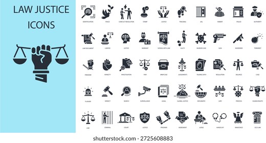 conjunto de iconos de justicia de leyes. Vector. Trazo editable. Signo de estilo lineal para uso Diseño web, logotipo. Ilustración de símbolo.