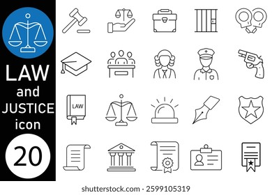 Law and justice icon vector set, web icons in linear style. Justice and Law icons. Justice and Law linear icon collection. vector illustration. 