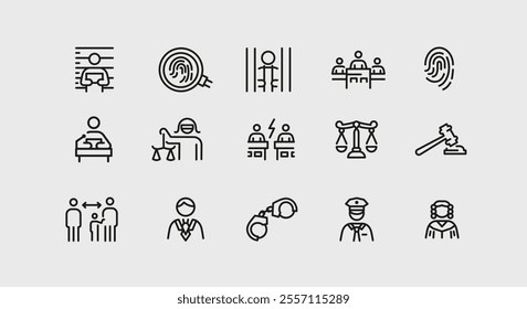 Law and justice icons. 15 of law and justice trendy minimal icons. Judge, Scales, Gavel, Prisoner, Handcuffs icon. Design signs for web page, mobile app, packaging design. Vector illustration