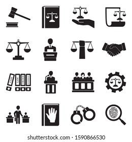 Law And Justice Icons. Black Flat Design. Vector Illustration.