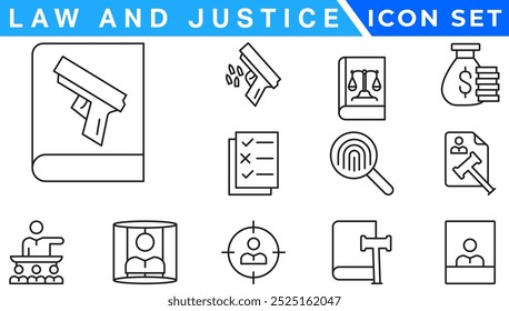 Iconos de la ley y de la justicia. iconos de línea delgada editables como pasión, despedido, juramento, acreditado, diversificar, silla de juez, alertas, Vector de acciones de fabricación.