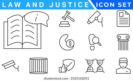 Iconos de la ley y de la justicia. iconos de línea delgada editables como pasión, despedido, juramento, acreditado, diversificar, silla de juez, alertas, Vector de acciones de fabricación.