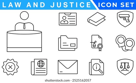 Iconos de la ley y de la justicia. iconos de línea delgada editables como pasión, despedido, juramento, acreditado, diversificar, silla de juez, alertas, Vector de acciones de fabricación.