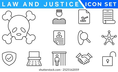 Iconos de la ley y de la justicia. iconos de línea delgada editables como pasión, despedido, juramento, acreditado, diversificar, silla de juez, alertas, Vector de acciones de fabricación.