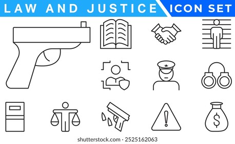 Iconos de la ley y de la justicia. iconos de línea delgada editables como pasión, despedido, juramento, acreditado, diversificar, silla de juez, alertas, Vector de acciones de fabricación.