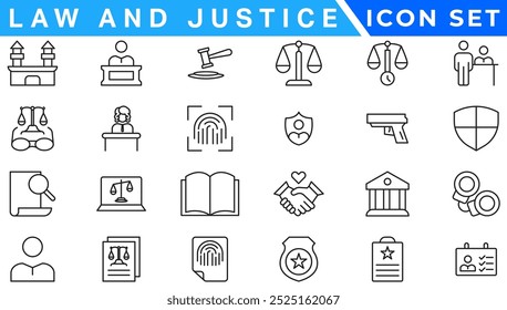 Iconos de la ley y de la justicia. iconos de línea delgada editables como pasión, despedido, juramento, acreditado, diversificar, silla de juez, alertas, Vector de acciones de fabricación.