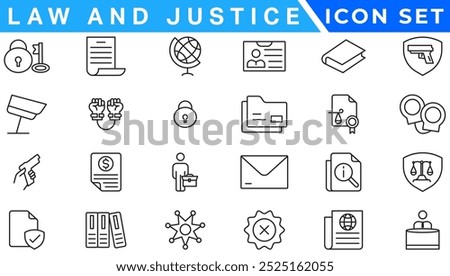 law and justice icons. editable thin line icons such as passion, fired, oath, accredited, diversify, judge chair, alerts, manufacture stock vector.