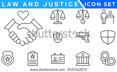 law and justice icons. editable thin line icons such as passion, fired, oath, accredited, diversify, judge chair, alerts, manufacture stock vector.