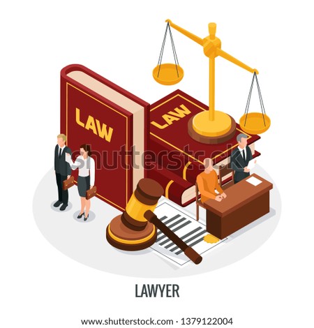 Law justice icons isometric composition with small people characters books of law gavel and golden weight vector illustration