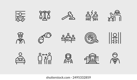 Law and justice icons. Large set of law and justice trendy minimal icons. Judge, Scales, Gavel, Prisoner, Handcuffs icon. Design signs for web page, mobile app, packaging design. Vector illustration