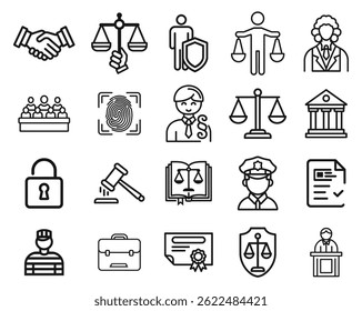 Lei e Justiça Ícones Sistema Jurídico, Tribunal e Símbolos de Crime para Profissionais Jurídicos e Design