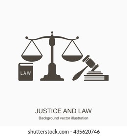 Law and justice icons. Scales of justice, gavel and books n flat style. Concept justice and law icon isolated on gray background. Vector