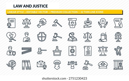 law and justice icons set - documents, business law, violence, police cap, prisioner outline vector collection.