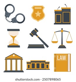 Law and justice icons set elements Flat vector illustration