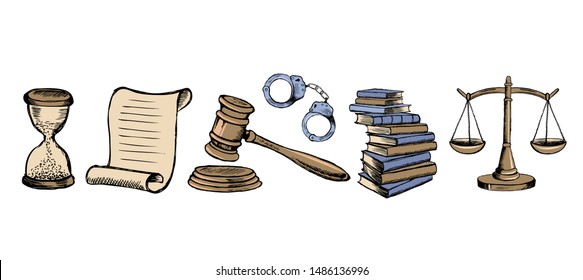 Law and Justice icons set. Hand drawn illustration