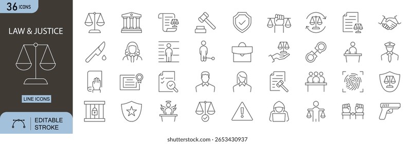 Ícones de Lei e Justiça definidos. Inclui ícones para o tribunal, martelo, escalas de justiça, juiz, documento legal, algemas, contrato e livro de lei. Traçado editável. Ícones de linha. Perfeito para infográficos.