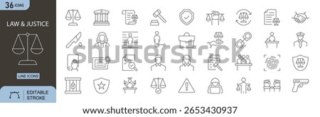 Law and Justice icons set. Includes icons for courthouse, gavel, scales of justice, judge, legal document, handcuffs, contract, and law book. Editable stroke. Line icons. Perfect for infographics.