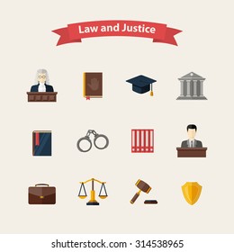 Law And Justice Icons Set With A Judge Briefcase Book Hammer Jurors Handcuffs Scales Hat Lawyer Court Building Icon Police Oath In Flat Style, Design Isolated On A White Background