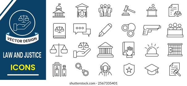 Law and Justice icons set. Justice, legal, court, judgement line icons. Services lawyer, attorney,  Lawyer, advocate, law symbol. Set of justice icons, vector . Vector illustration.