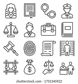 Law and Justice Icons Set on White Background. Line Style Vector
