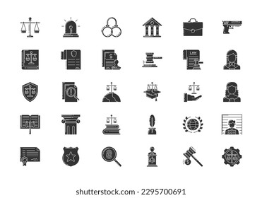 Law and Justice icons set. Solid Style Vector Illustration