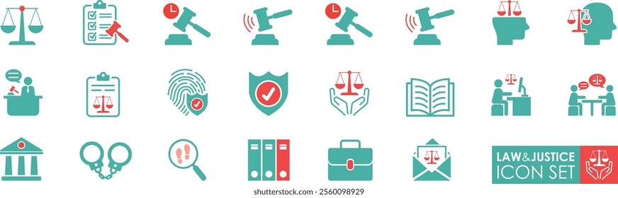 The Law and Justice icons set is in solid style, It contains justice law, court legal, lawyer, judgment, authority and more