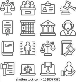 Law and justice icons set vector illustration. Contains such icon as 
Attorney, Criminals, Cyber Law, Criminal and more. Expanded stroke