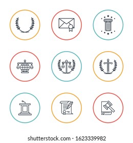 Law and justice icons set vector. For infographics, websites, print media.