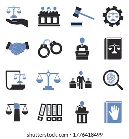 Law And Justice Icons. Two Tone Flat Design. Vector Illustration.