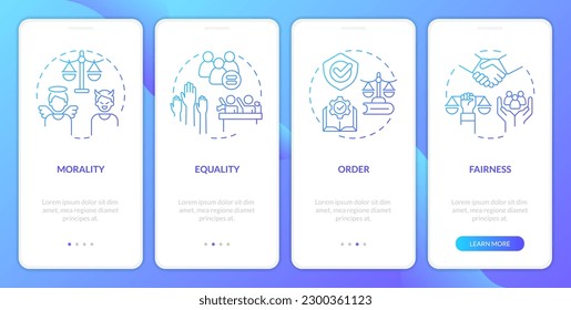 Law and justice ideas blue gradient onboarding mobile app screen. Walkthrough 4 steps graphic instructions with linear concepts. UI, UX, GUI template. Myriad Pro-Bold, Regular fonts used