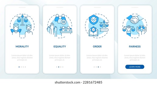 Law and justice ideas blue onboarding mobile app screen. Walkthrough 4 steps editable graphic instructions with linear concepts. UI, UX, GUI template. Myriad Pro-Bold, Regular fonts used